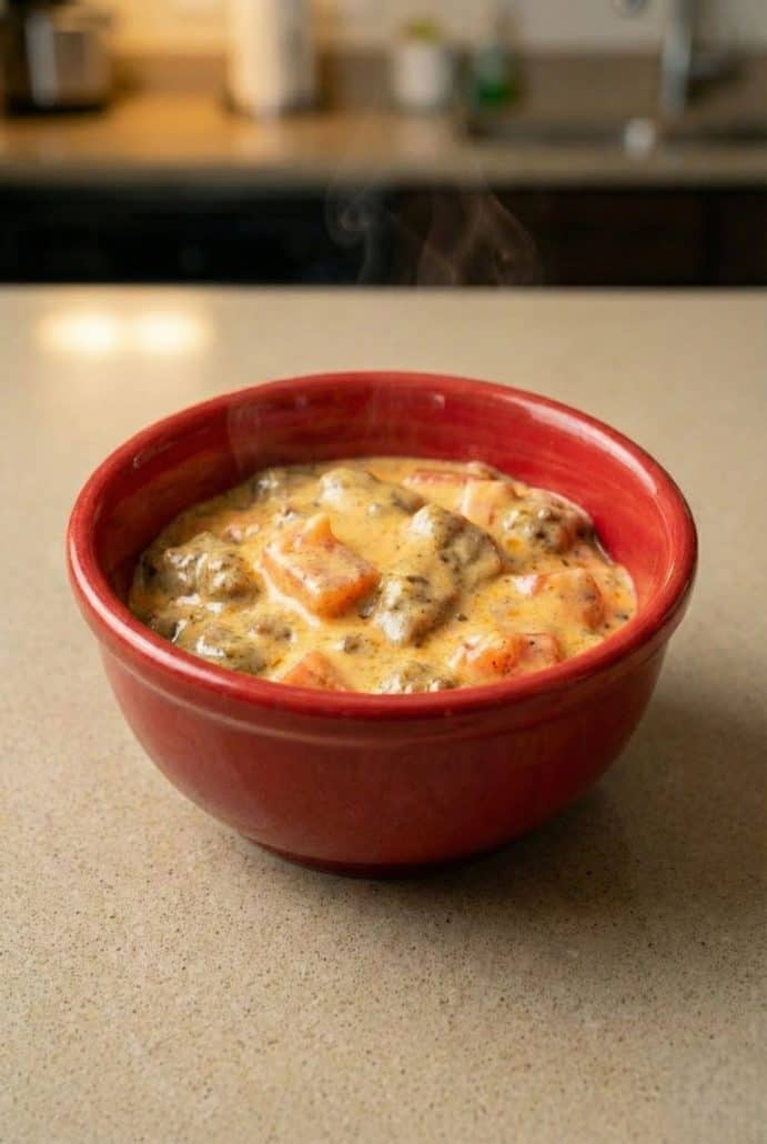 Steaming hot bowl of cheesy Velveeta sausage dip on the counter.