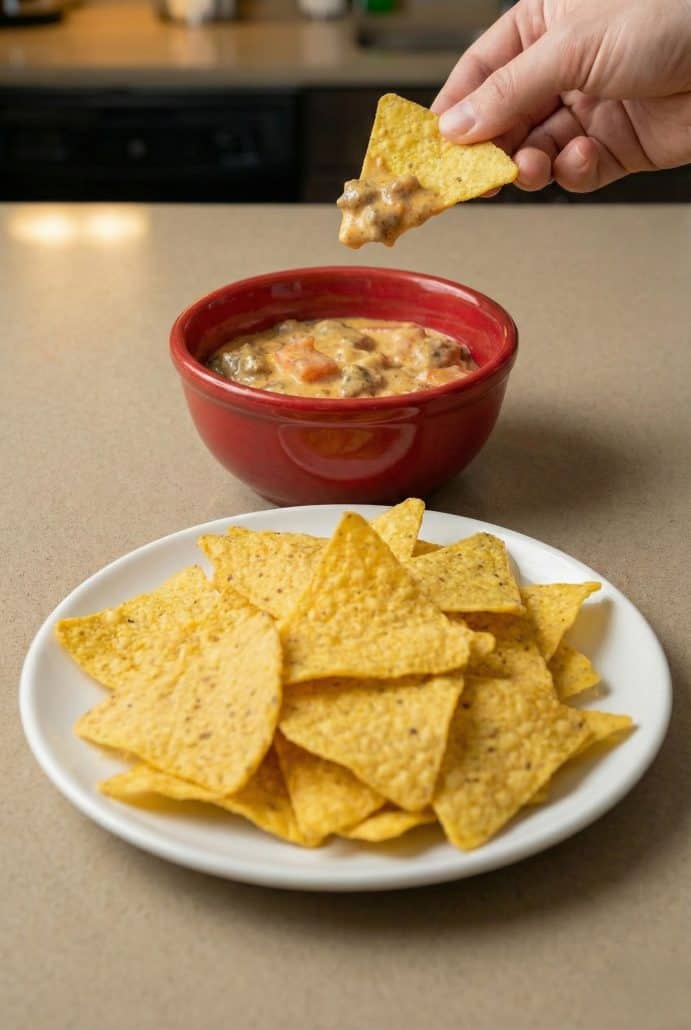 Tortilla chip dipped into Velveeta sausage queso, served with a plate of chips for an easy party appetizer.