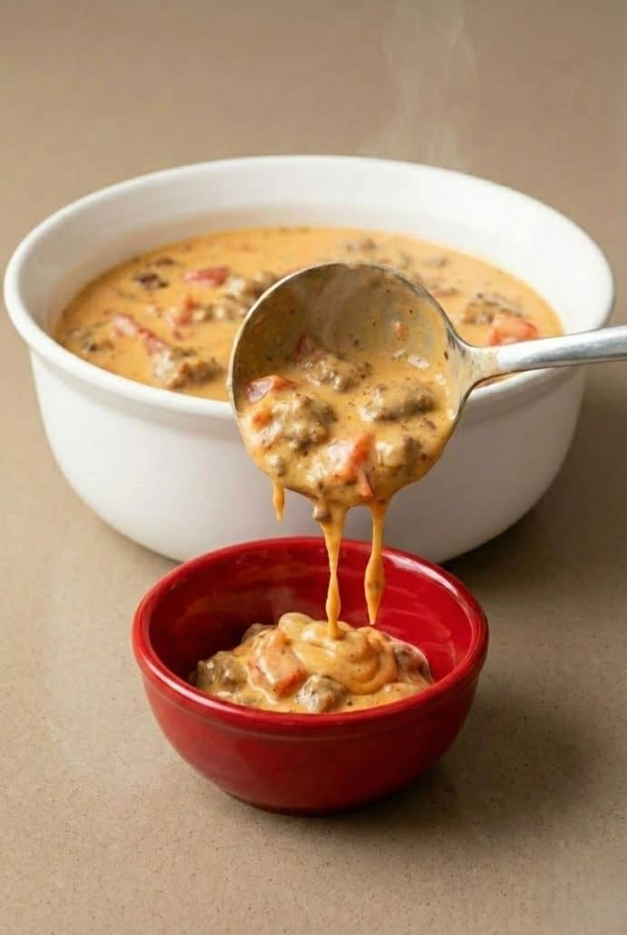 Hot Velveeta sausage dip being ladled into a serving bowl, showing how easy it is to prepare and serve this crowd-pleasing appetizer.