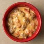 Bowl of Velveeta spicy sausage dip, hot and ready to serve.