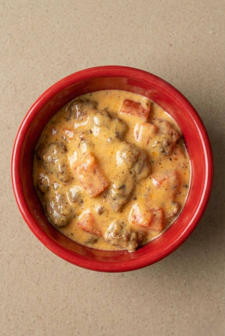 Bowl of Velveeta spicy sausage dip, hot and ready to serve.