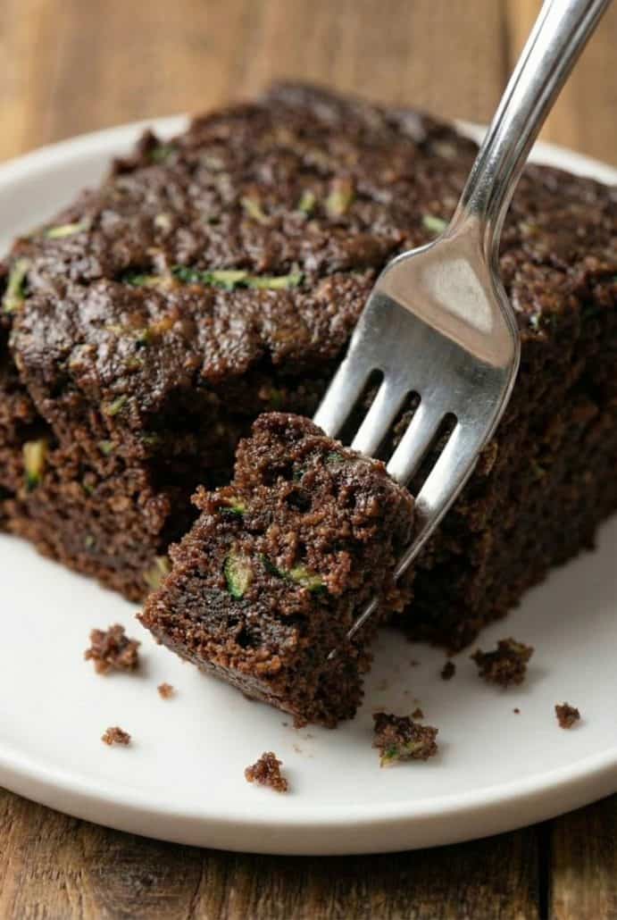Fork taking a bite from a slice of chocolate zucchini cake, showing the rich, fudgy texture and bits of shredded zucchini.