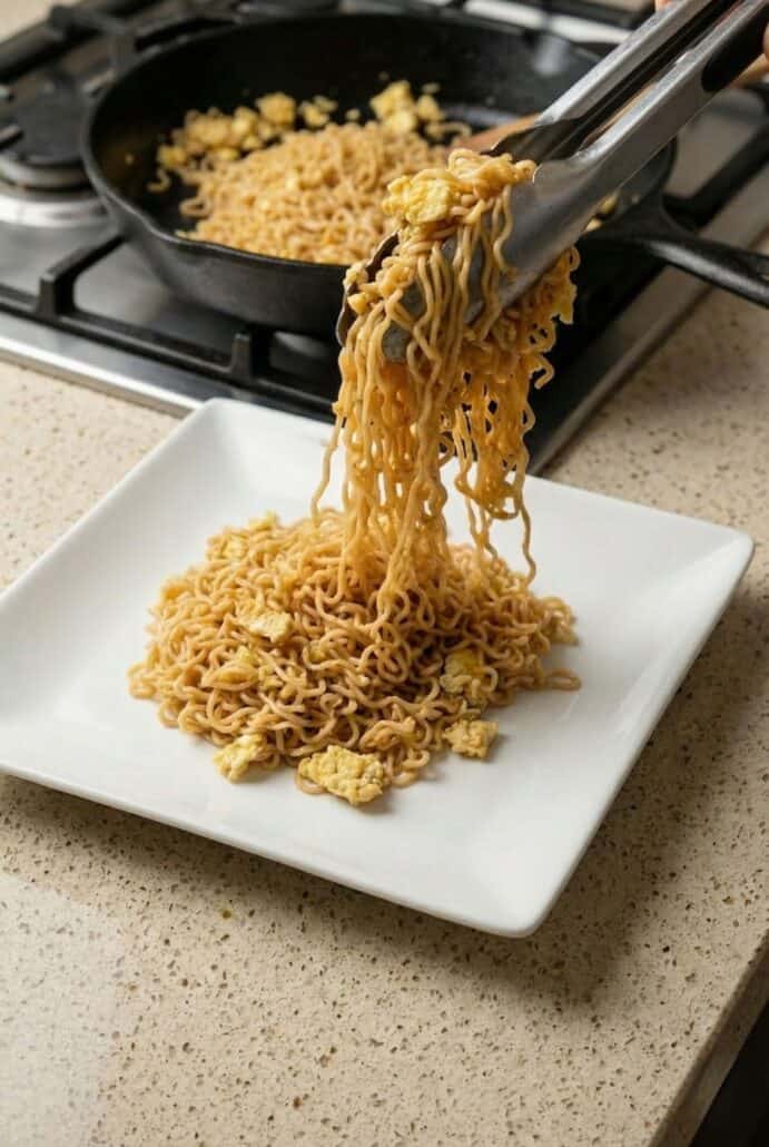 Serving freshly cooked TikTok Ramen noodles with egg onto a plate using kitchen tong.