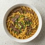 Close-up bowl of Amish beef and egg noodles in rich savory broth, topped with sliced green onions.