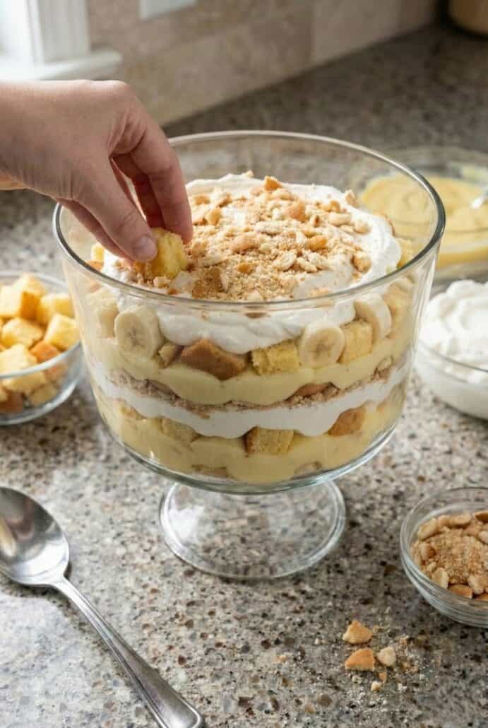 Hand sprinkling crushed vanilla wafers over layered banana trifle in a glass bowl, showing how to assemble this easy no-bake banana pudding dessert recipe.