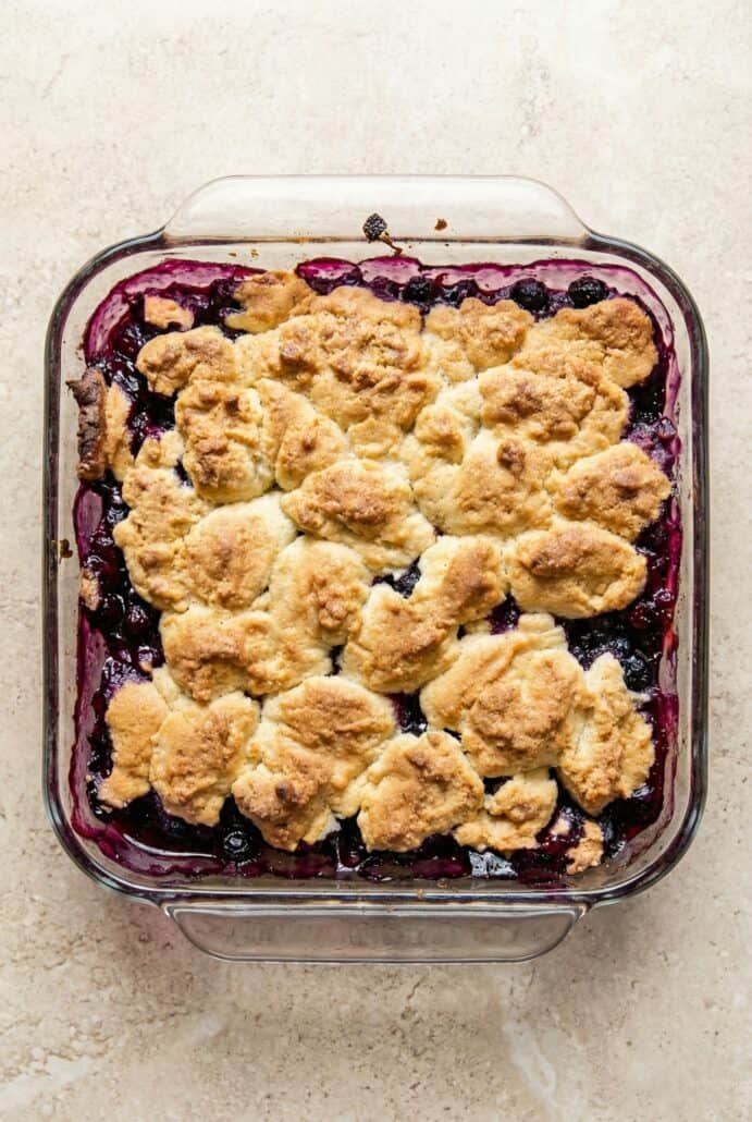 Golden-brown blueberry cobbler fresh from the oven, featuring a biscuit-style topping over juicy bubbling blueberries.