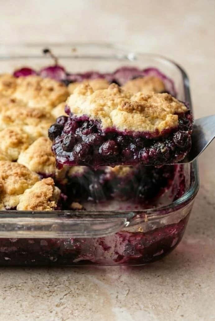 Close-up of a warm blueberry cobbler in a glass baking dish, highlighting the thick, juicy blueberry filling and golden biscuit topping from this easy homemade dessert recipe.