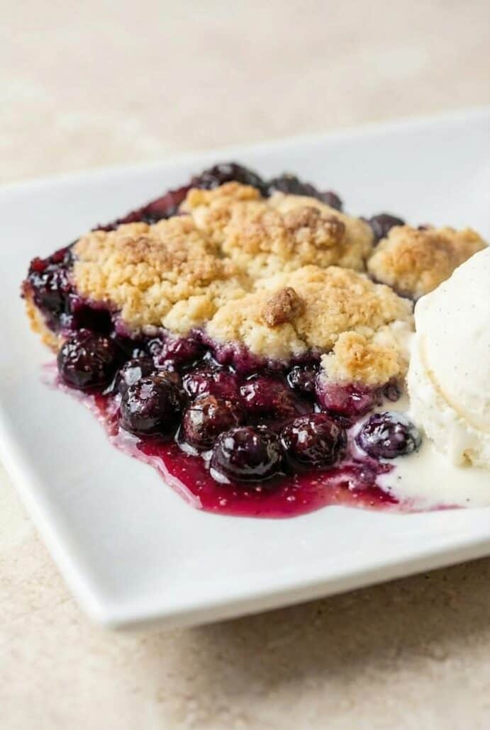 Slice of homemade blueberry cobbler served on a white plate, showing the juicy berry filling and golden cake-like topping.