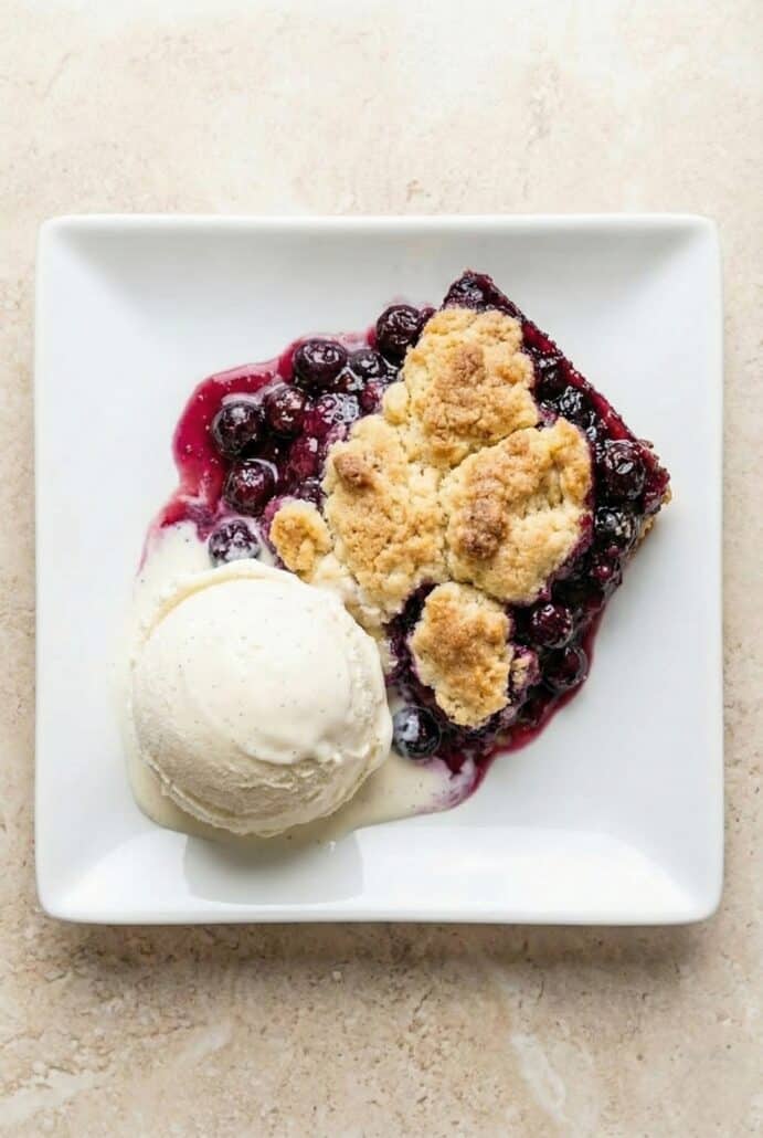 Blueberry cobbler served warm with a scoop of vanilla ice cream, featuring a golden cake-like topping and rich berry filling.