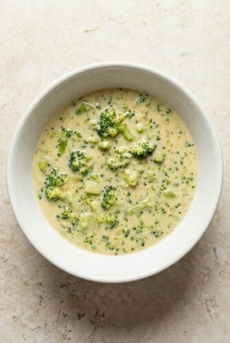 Homemade Broccoli Cheese Soup - Ready in 35 Minutes Creamy homemade broccoli cheese soup served in a white bowl, highlighting the rich, cheesy texture.