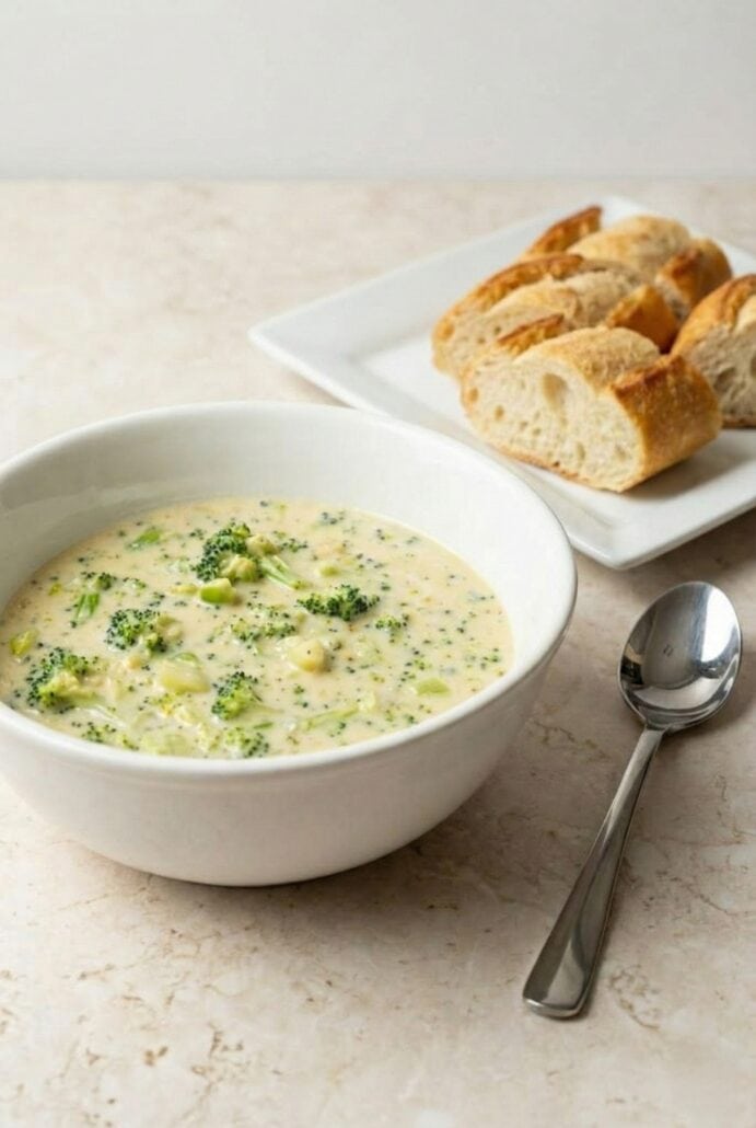 Bowl of creamy broccoli cheese soup garnished with chopped broccoli and served with sliced bread, perfect for this easy homemade comfort food recipe.