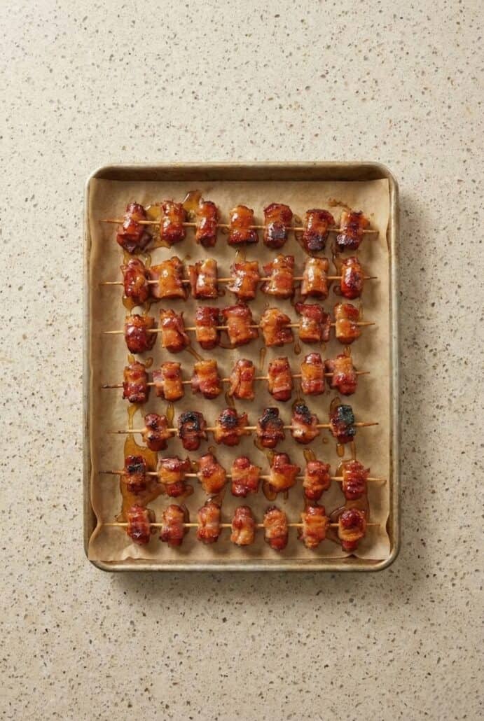 Overhead view of bacon-wrapped little smokies arranged on a baking sheet.