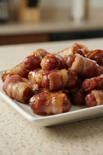 Bacon-wrapped little smokies coated in caramelized brown sugar glaze, served as an easy sweet and savory party appetizer.