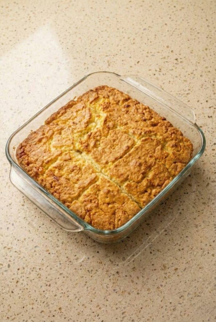 Overhead view of freshly baked butter swim biscuits in a square baking dish, sliced into nine squares with a golden crispy top and soft fluffy center.