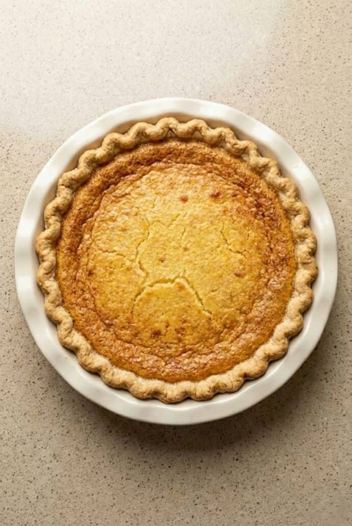 Whole homemade buttermilk pie with a golden custard top in a flaky crust.