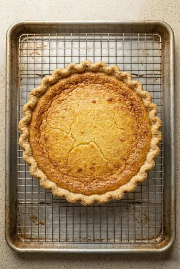 Freshly baked buttermilk pie cooling on a wire rack, showing the golden custard top and flaky crust.