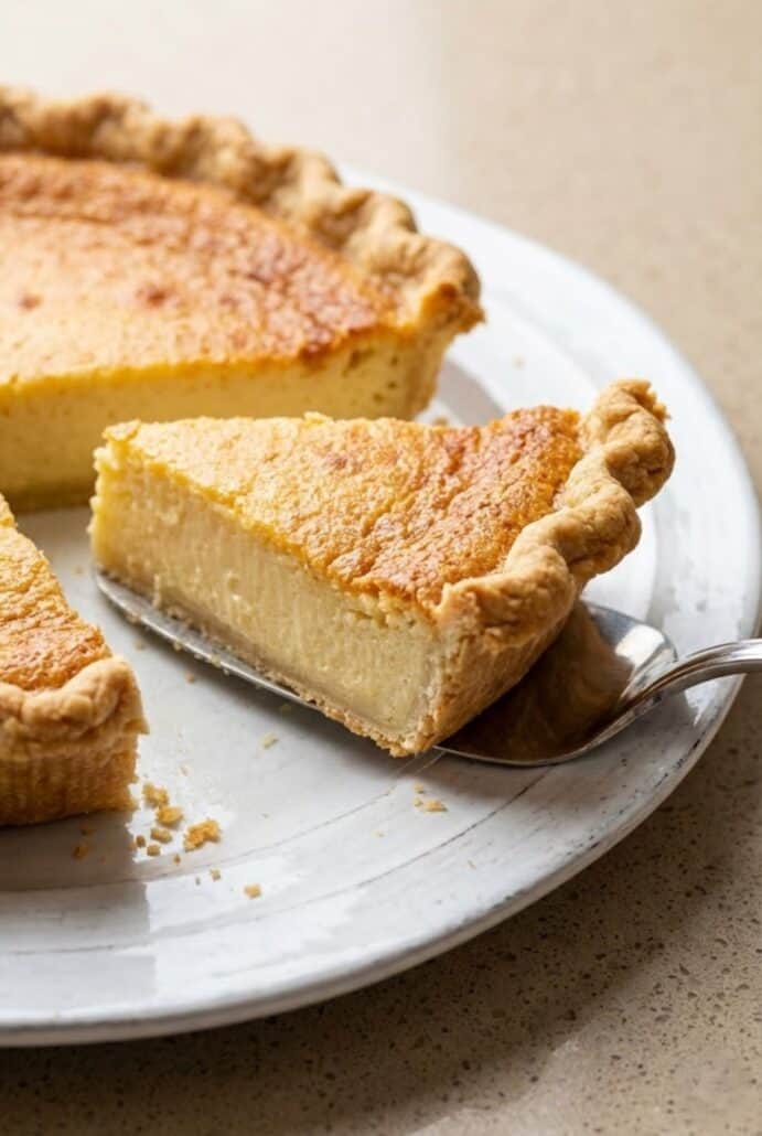 Close-up of sliced buttermilk pie showing the creamy custard center and flaky crust, highlighting the rich texture.