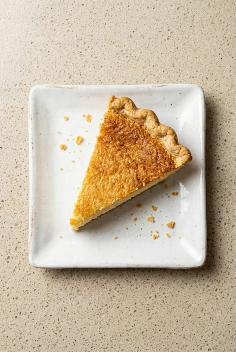 Slice of homemade buttermilk pie with a golden custard filling on a white plate.