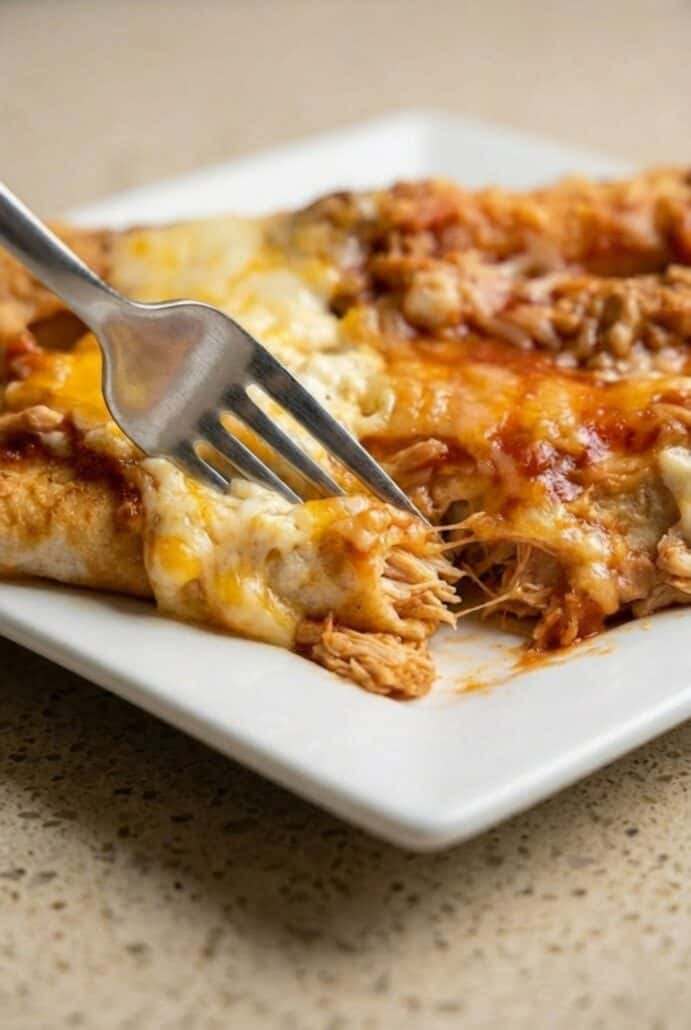 Fork lifting a cheesy Cottage Cheese Chicken Enchilada with melted Monterey Jack and red sauce, showing the creamy shredded chicken filling inside this easy baked dinner recipe.