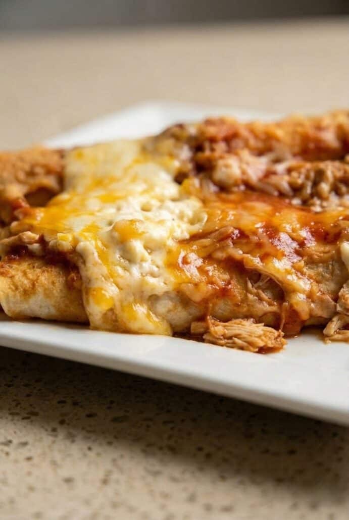 Side view of cheesy Cottage Cheese Chicken Enchiladas layered with red enchilada sauce and melted Monterey Jack.