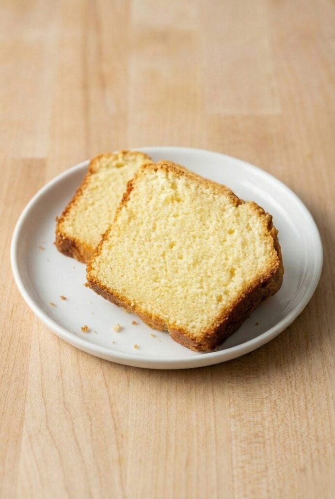 Two slices of cream cheese pound cake on a plate, highlighting its soft, fluffy texture and golden crumb.