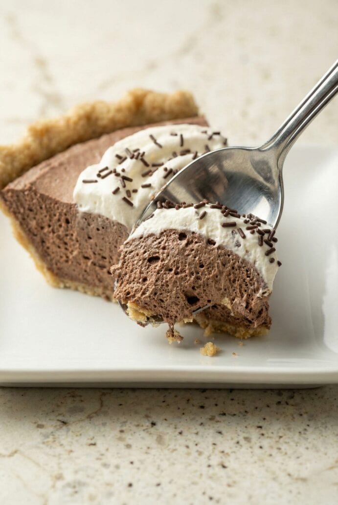 Fork lifting a bite of creamy chocolate mousse pie with whipped topping and chocolate shavings, showcasing the light and fluffy texture in this easy chilled dessert recipe.