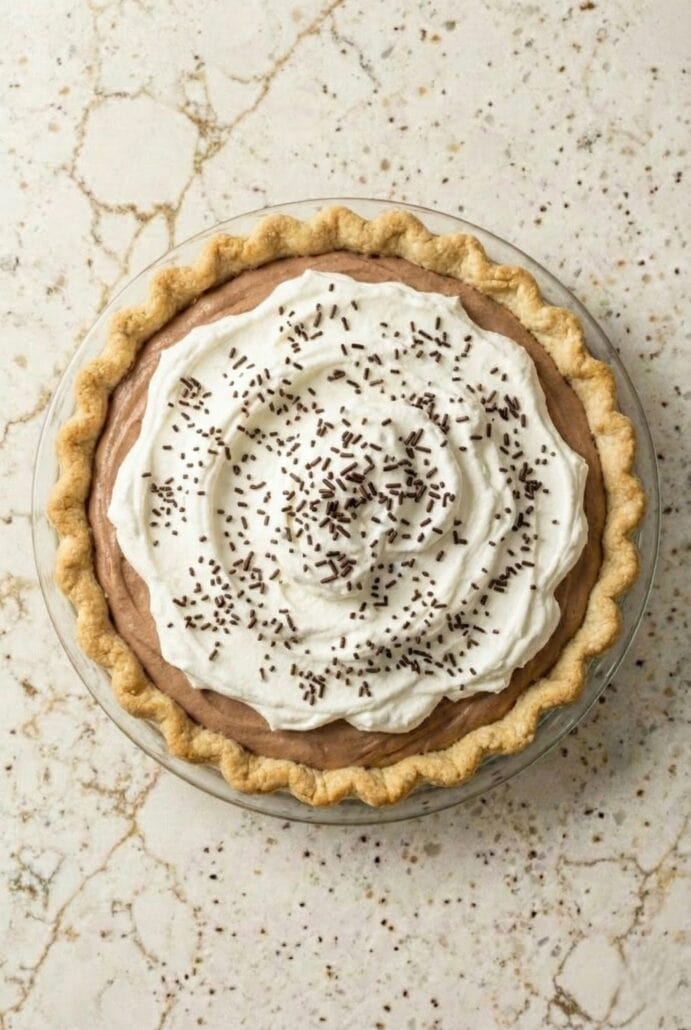Whole creamy chocolate mousse pie topped with whipped cream and chocolate shavings in a flaky crust.