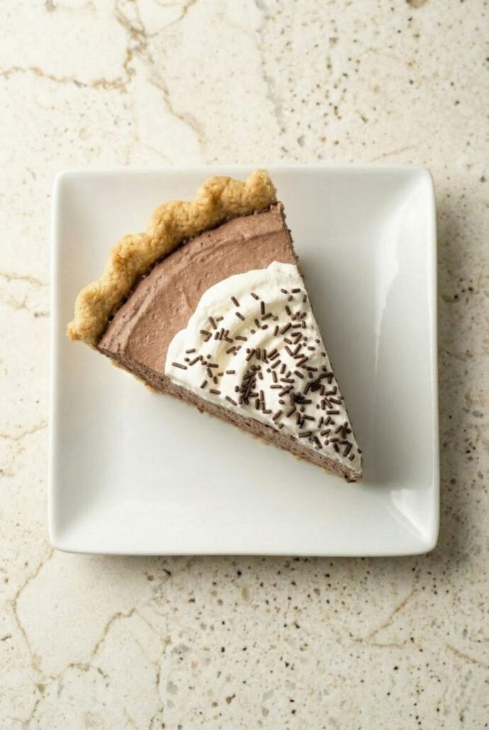 Slice of creamy chocolate mousse pie topped with chocolate shavings on a white plate.