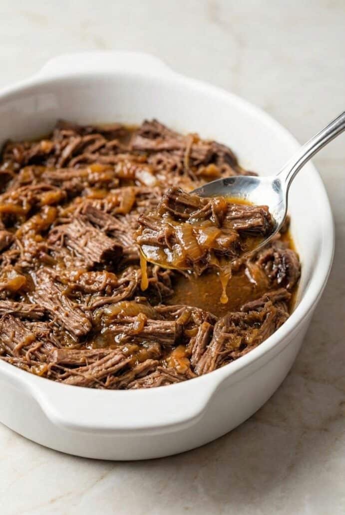 Close-up of Georgia pot roast with shredded beef and pickled onions in rich gravy.
