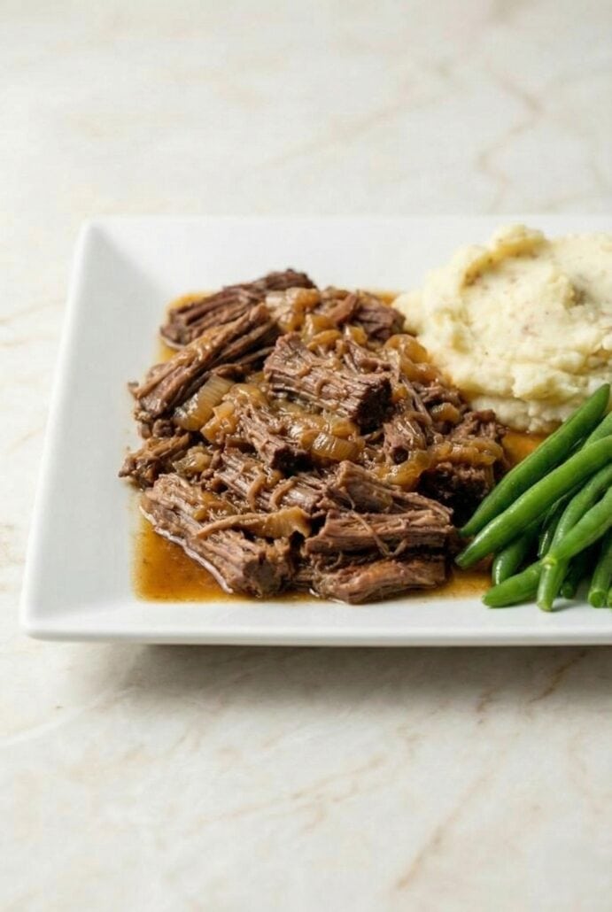 Plated Georgia pot roast with tender shredded beef in savory gravy, served alongside creamy mashed potatoes and fresh green beans for a comforting Southern dinner.