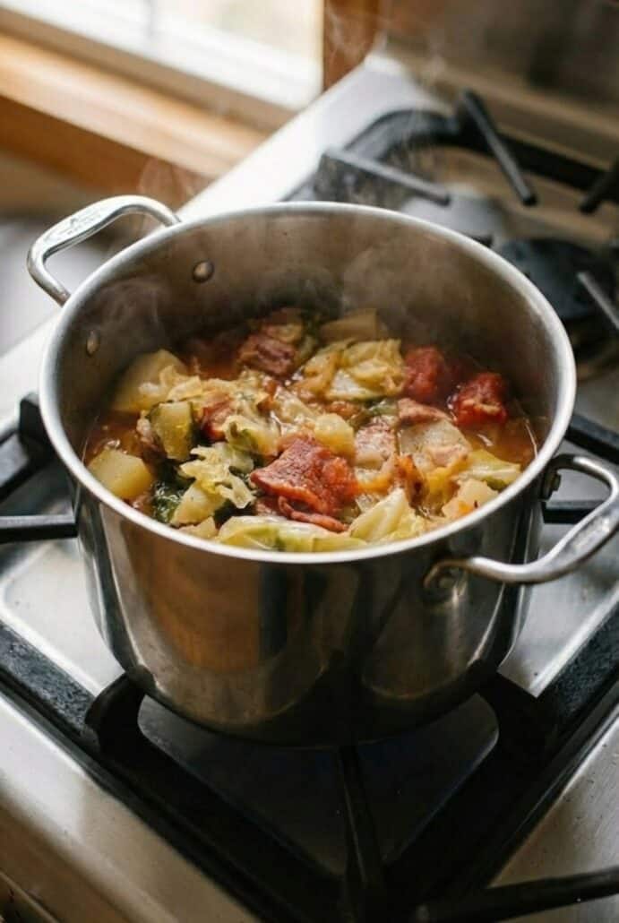 Large pot of Irish bacon and cabbage soup simmering on the stovetop, filled with chunky potatoes, tomatoes, and savory bacon as it cooks for this hearty homemade Irish soup recipe.