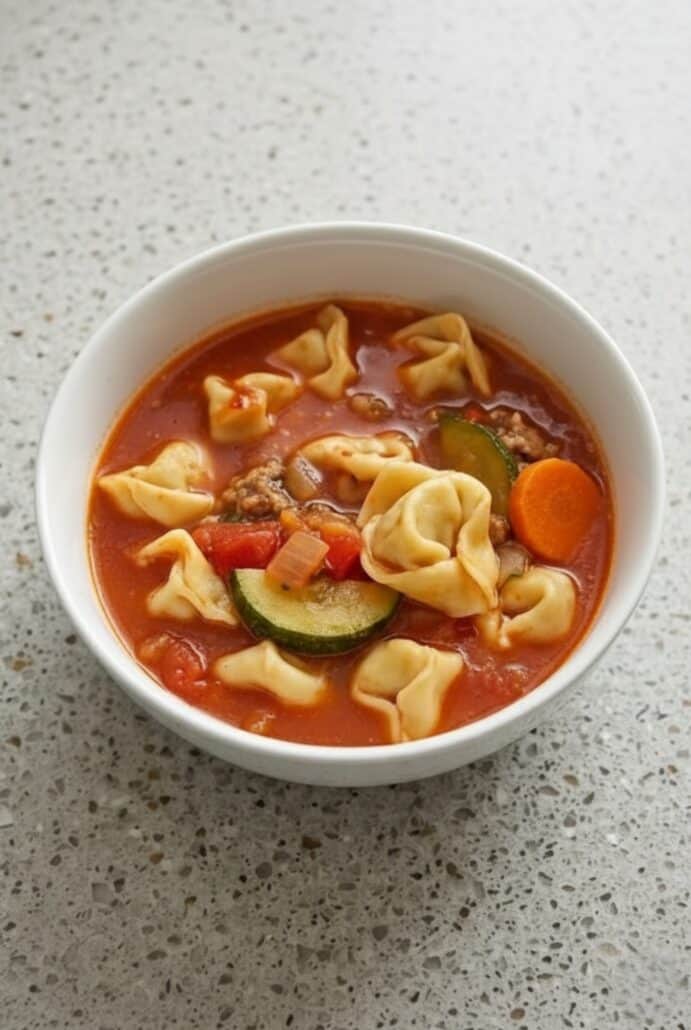 Close-up bowl of Italian sausage tortellini soup with carrots and zucchini, showcasing this hearty homemade one-pot comfort meal.