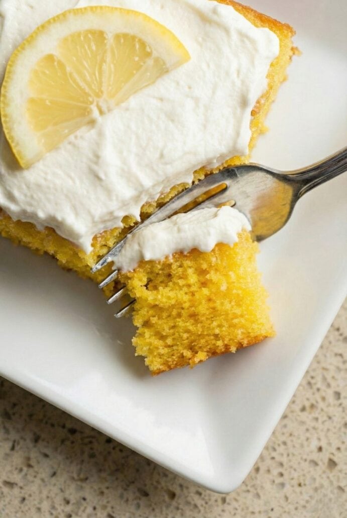 Close-up of lemon poke cake with fluffy white frosting as a fork lifts a moist, bright yellow bite, highlighting the soft texture and citrus flavor of this easy homemade dessert.