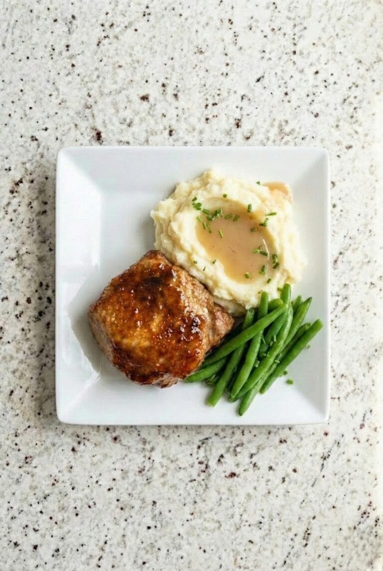 Overhead view of glazed baked pork chop plated with mashed potatoes and green beans.