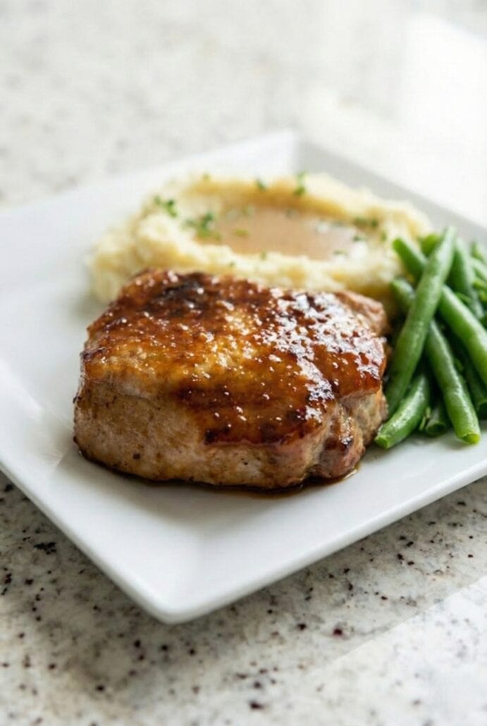 Glazed baked pork chop served with mashed potatoes and green beans..