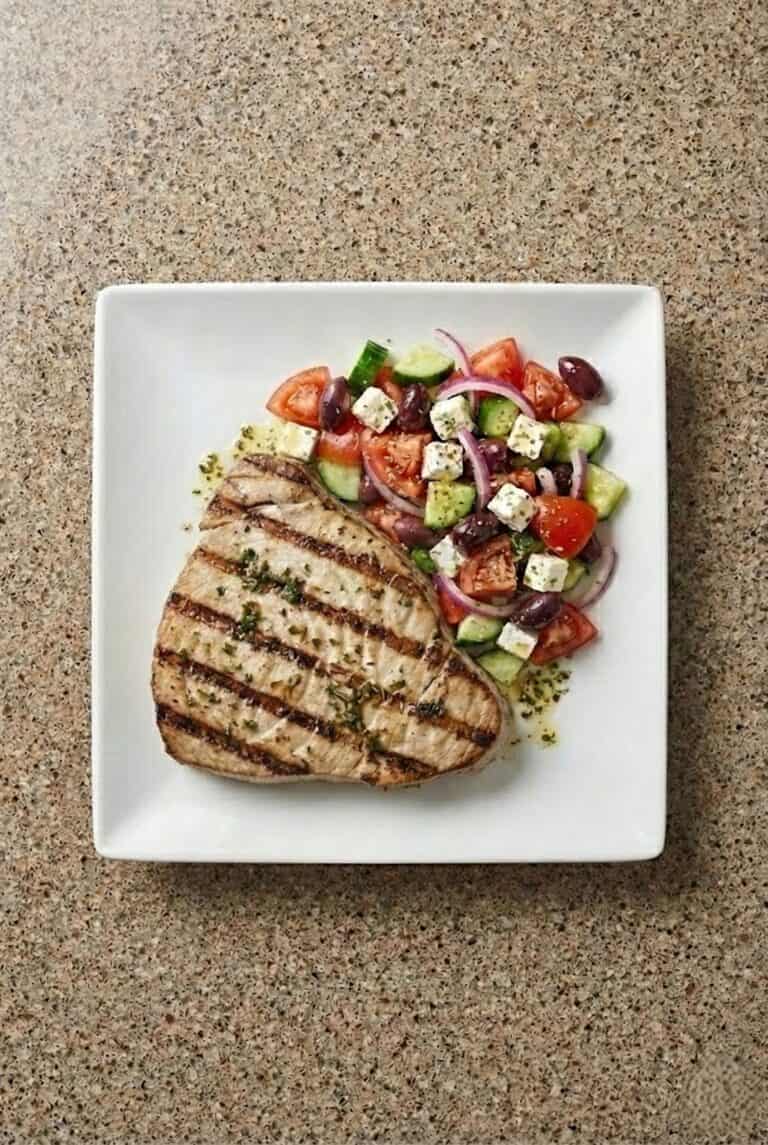 Grilled marinated tuna steaks served with a fresh tomato and avocado salad.
