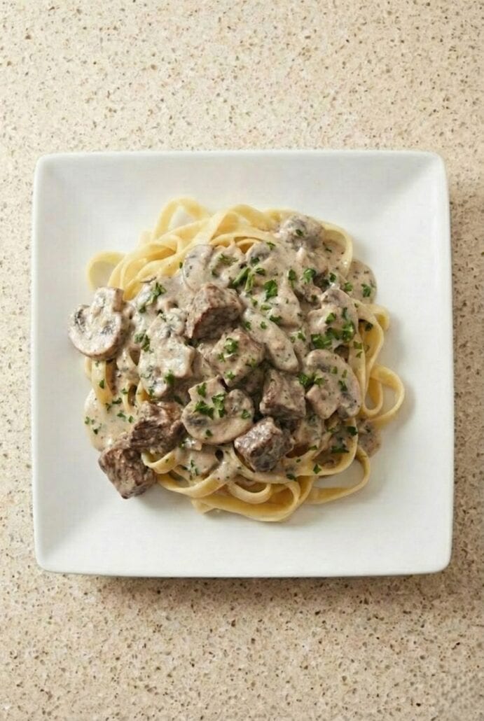 Overhead view of creamy slow cooker beef stroganoff served over egg noodles, featuring tender beef chunks and sliced mushrooms in a rich mushroom cream sauce.