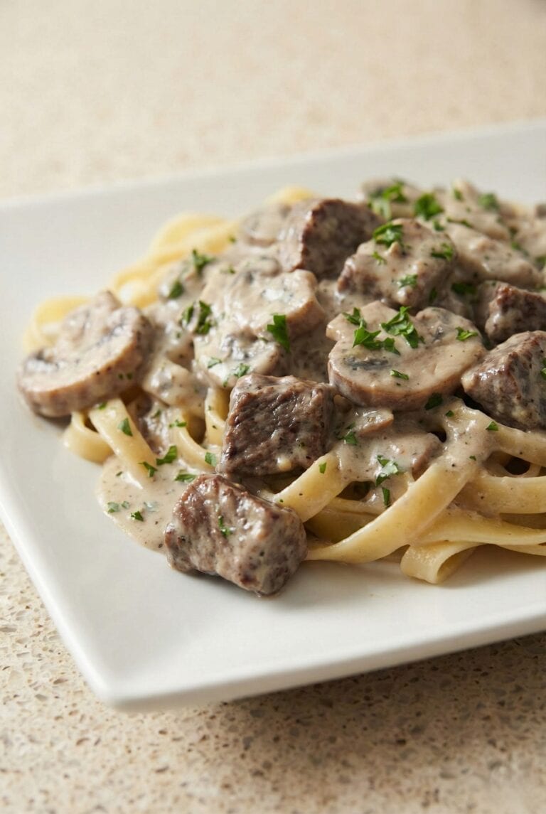 Creamy slow cooker beef stroganoff served over egg noodles, topped with tender beef chunks and sliced mushrooms in a rich mushroom sauce.