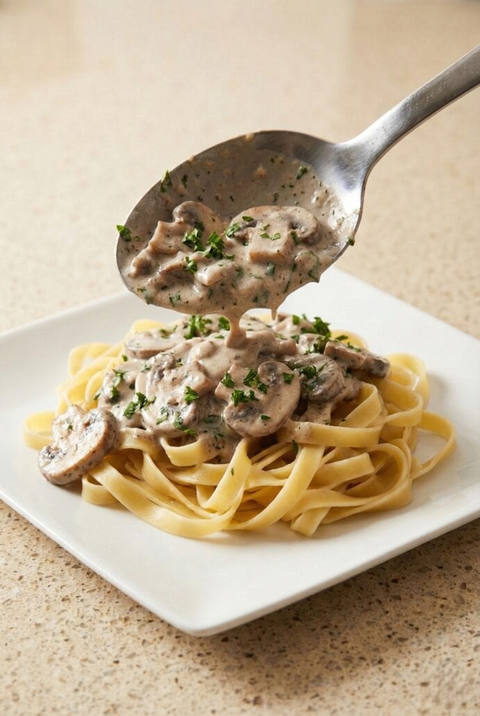 Spoon pouring creamy slow cooker beef stroganoff over egg noodles, showing tender beef and mushrooms coated in a rich, savory sauce.