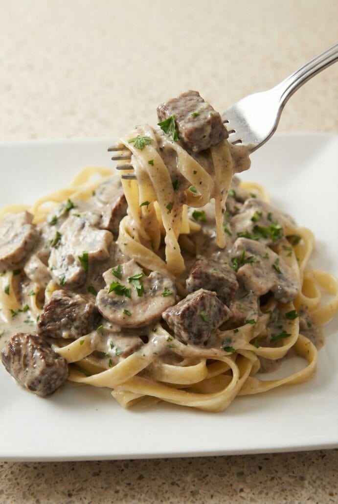 Fork lifting a bite of creamy slow cooker beef stroganoff with tender beef, mushrooms, and egg noodles coated in rich mushroom sauce.