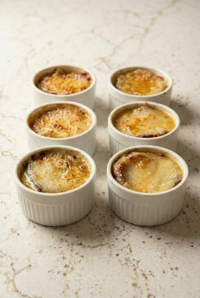 Side view of ceramic ramekins filled with Slow Cooker French Onion Soup, topped with toasted bread and perfectly melted golden cheese.
