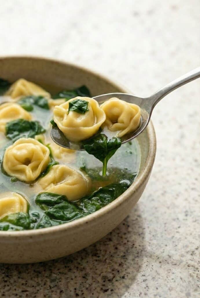 Side view of creamy spinach tortellini soup in a bowl, filled with cheese tortellini and leafy spinach.