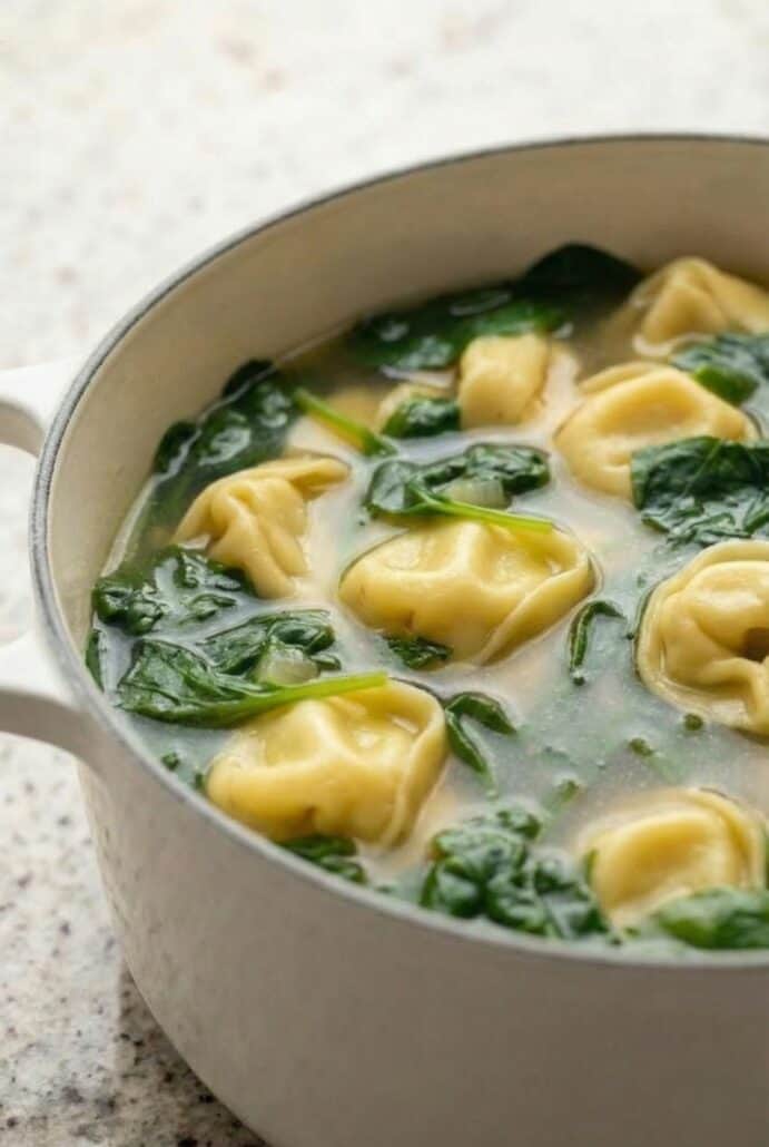 Close-up image of spinach tortellini soup simmering in a pot, featuring tender cheese tortellini and spinach in a light broth.