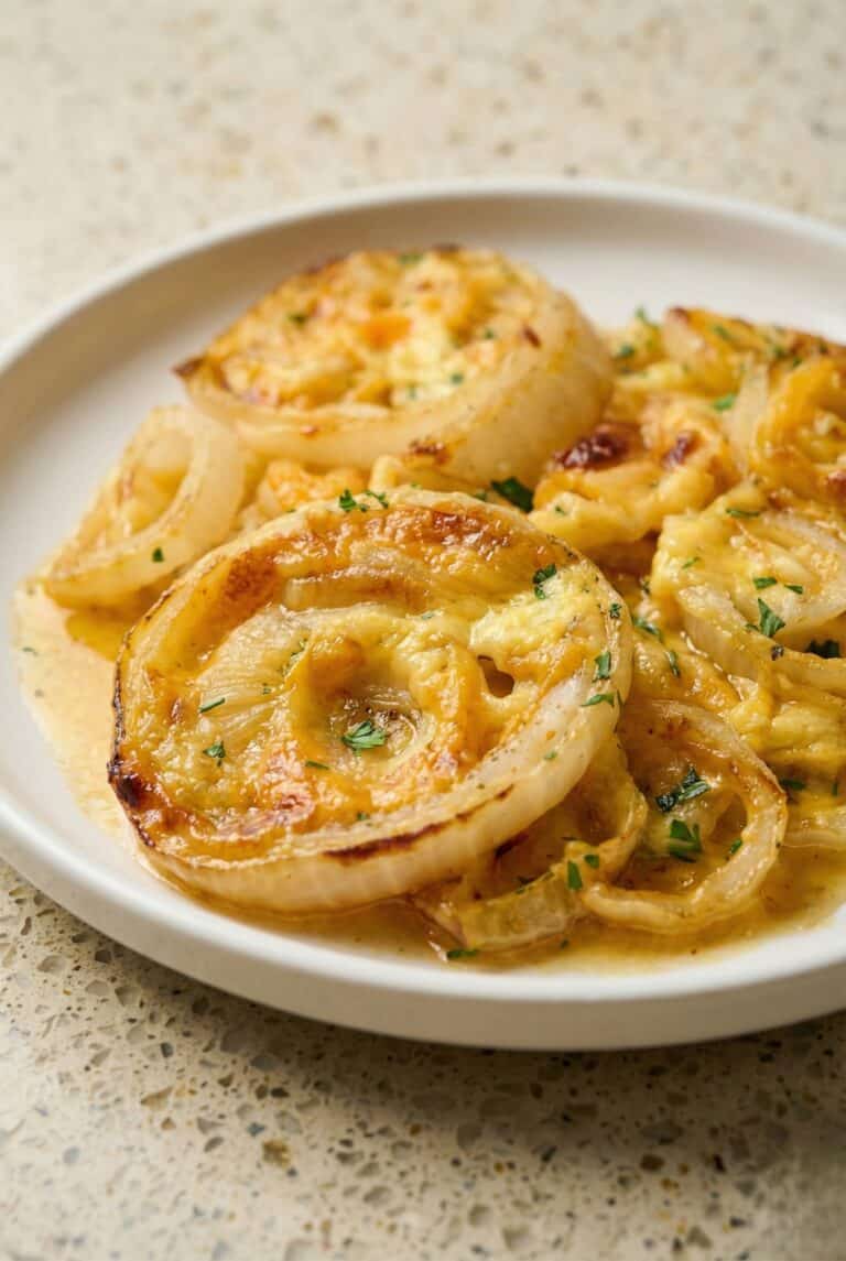 Close-up of cheesy Tennessee Onions casserole with tender baked onion rings layered in melted cheddar and herbs.
