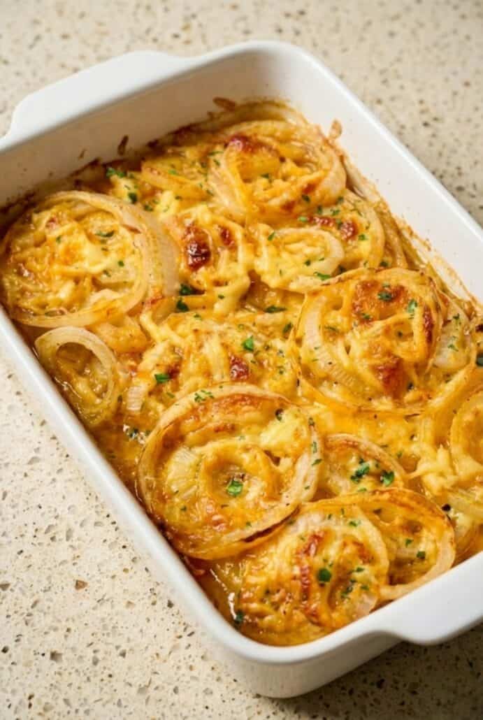 Baked Tennessee Onions in a casserole dish with golden melted cheese and tender sweet onion rings.