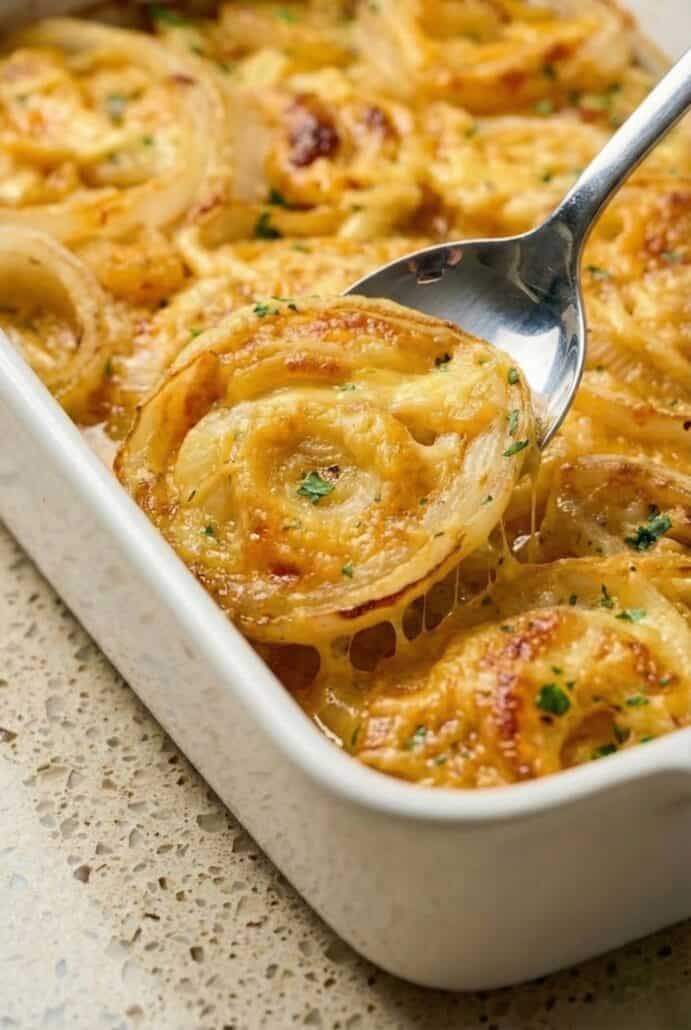 Close-up of a spoon lifting a cheesy Tennessee Onion ring from a baked casserole dish, showing tender sweet onions and golden melted cheese.