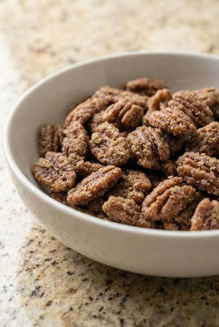 Bowl of cinnamon glazed pecans, shown as a sweet and crunchy Texas candied pecan recipe.