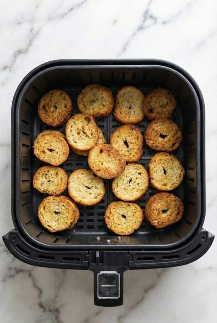 Sliced bagel chips cooking in an air fryer basket.