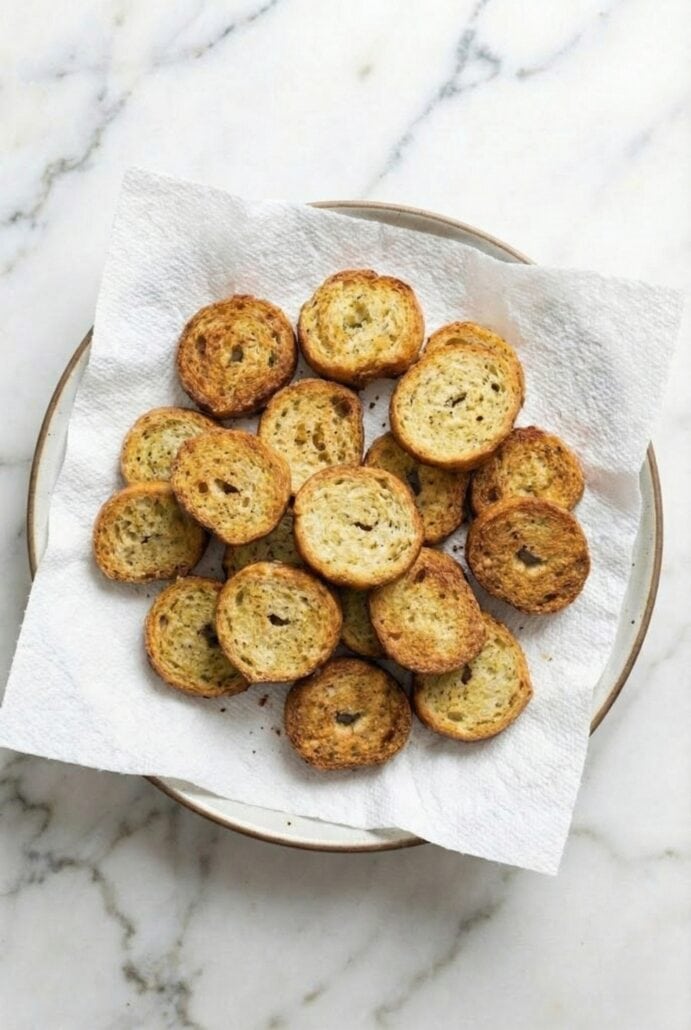 Air fryer bagel chips resting on a paper towel-lined plate after cooking.
