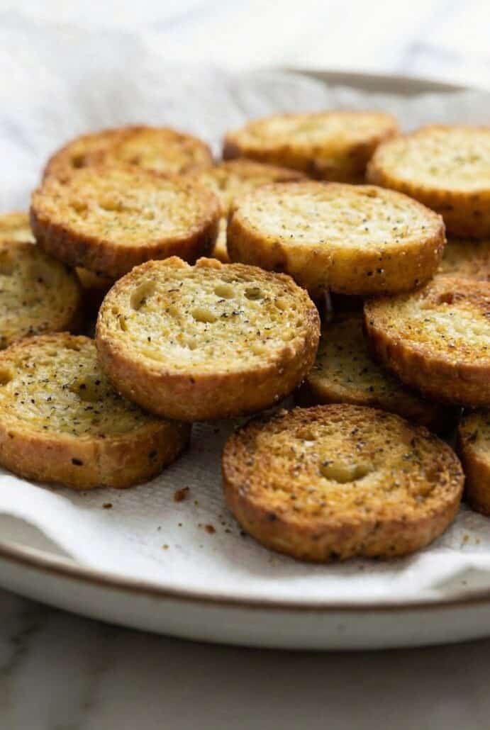 Close-up of golden, crispy homemade bagel chips made in the air fryer, served on a white plate.